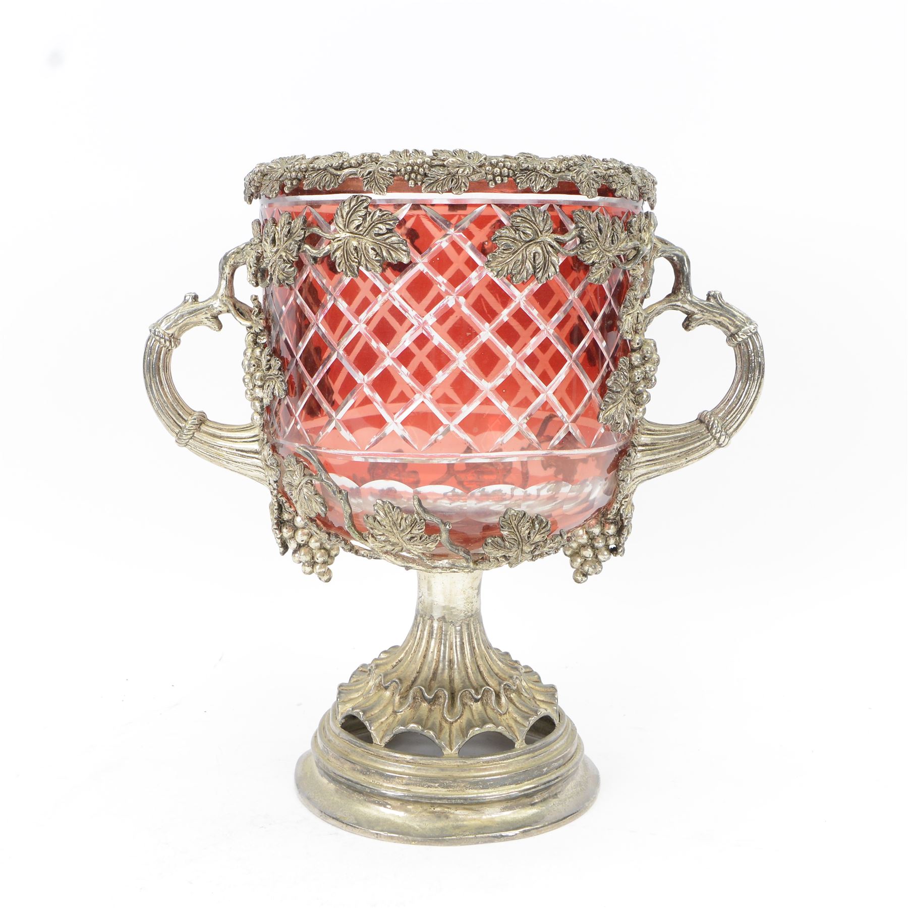 19th century silver plated and ruby glass wine cooler, of urn form, the cut ruby glass bowl with silver plated fruiting vine mount and twin vine handles, upon a spreading frilled stem and circular stepped foot, H33cm