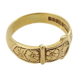 9ct gold buckle ring, with engraved flower decoration, Birmingham 1989