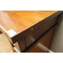  Victorian mahogany sideboard, shaped raised back with scrolled and floral mounts, three drawers and two cupboards, plinth base, W214cm, H156cm, D56cm  