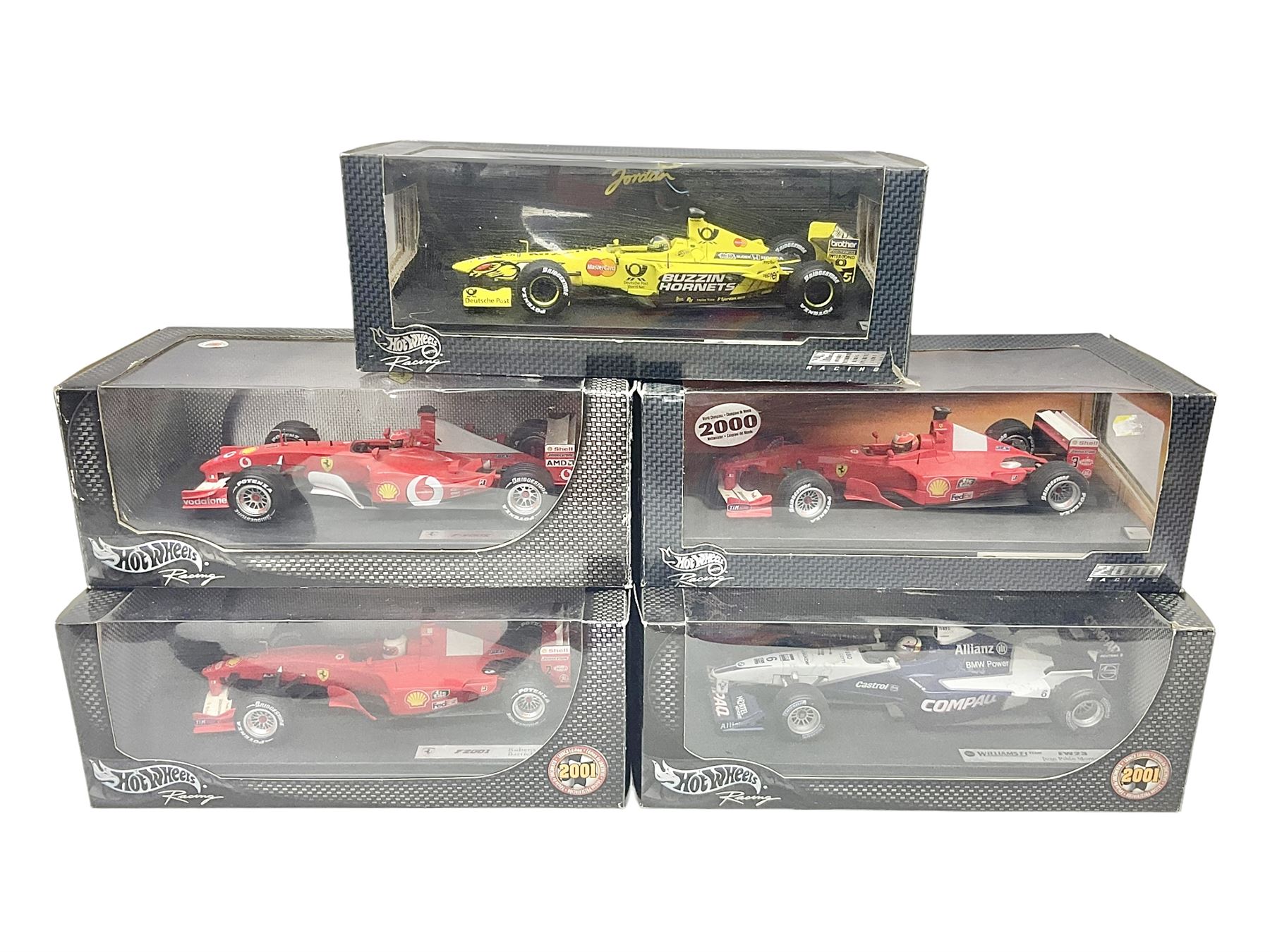 Five Mattel Hot Wheels 1 18 scale die cast racing cars Ferrari F1 2000 Michael Schumacher Ferrari F 2002 Michael Schumacher Jordan E 110 Heinz Harald Frentzen Williams F1 Team FW23Juan Pablo Mont Toys...