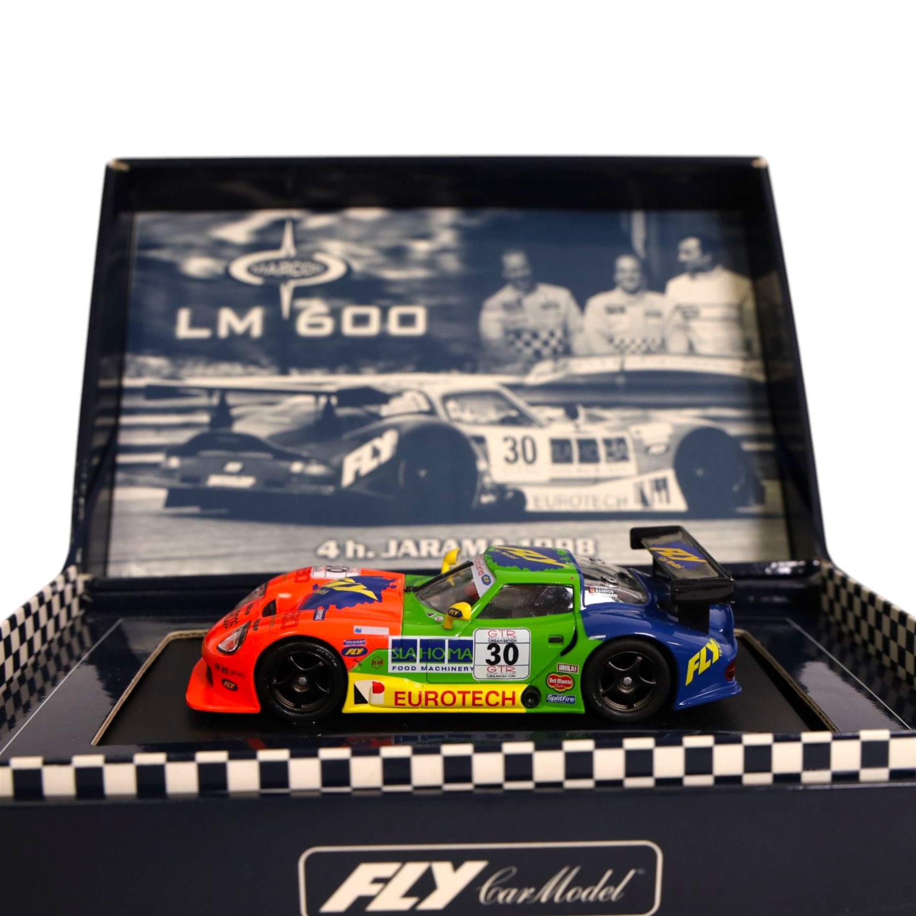 Fly Car Model 1:32 scale slot car no. A27 LM 600 4h Jarama 1998, together with SCX Pro slot car no. 50250 Citroen Xsara, both boxed