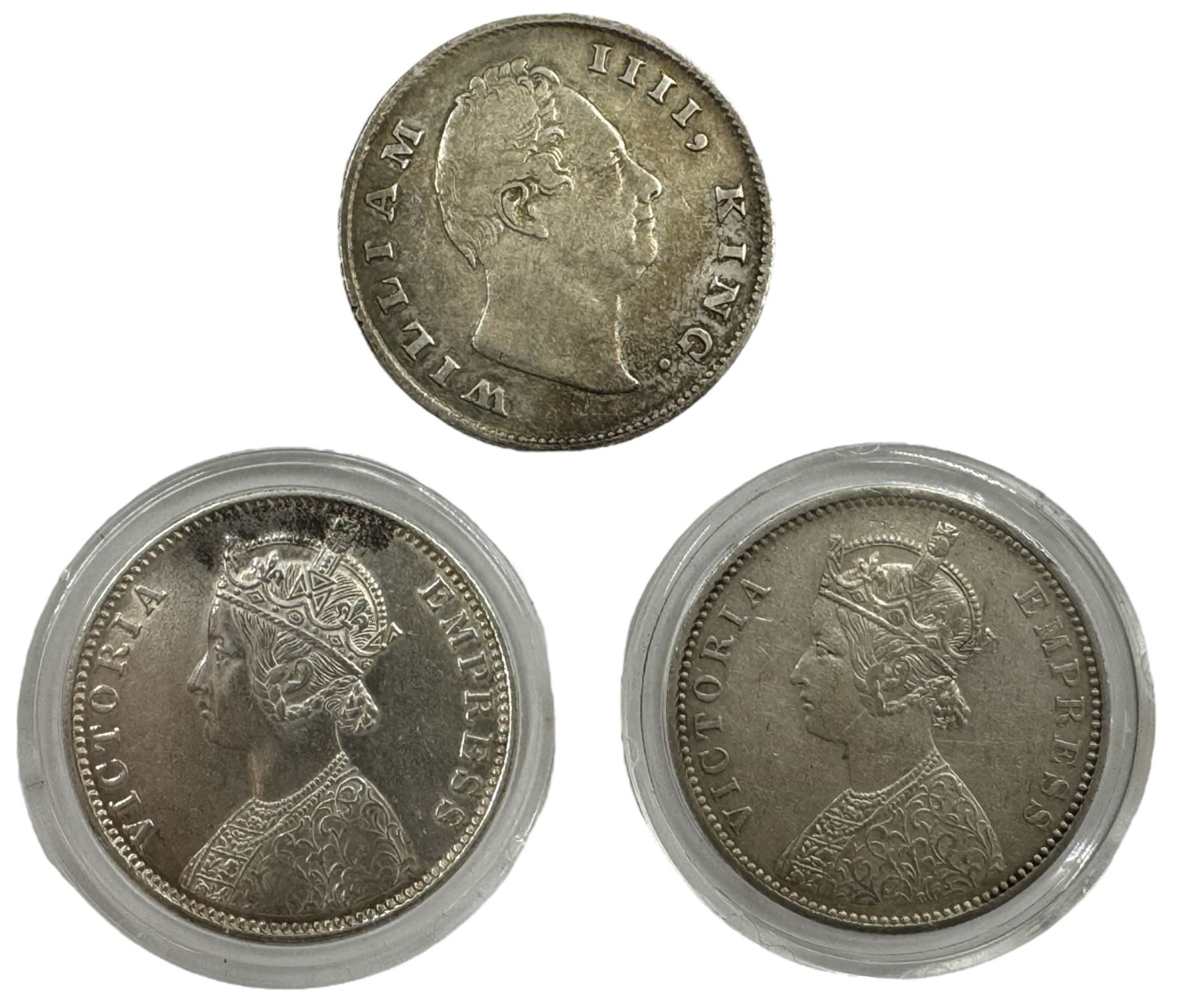 King William IIII East India Company 1835 one rupee and two Queen Victoria India one rupee coins dated 1879, 1901 (3)