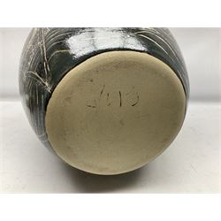 John Egerton (c1945-): studio pottery stoneware vase decorated with fish, mermaids and ammonites, H38cm