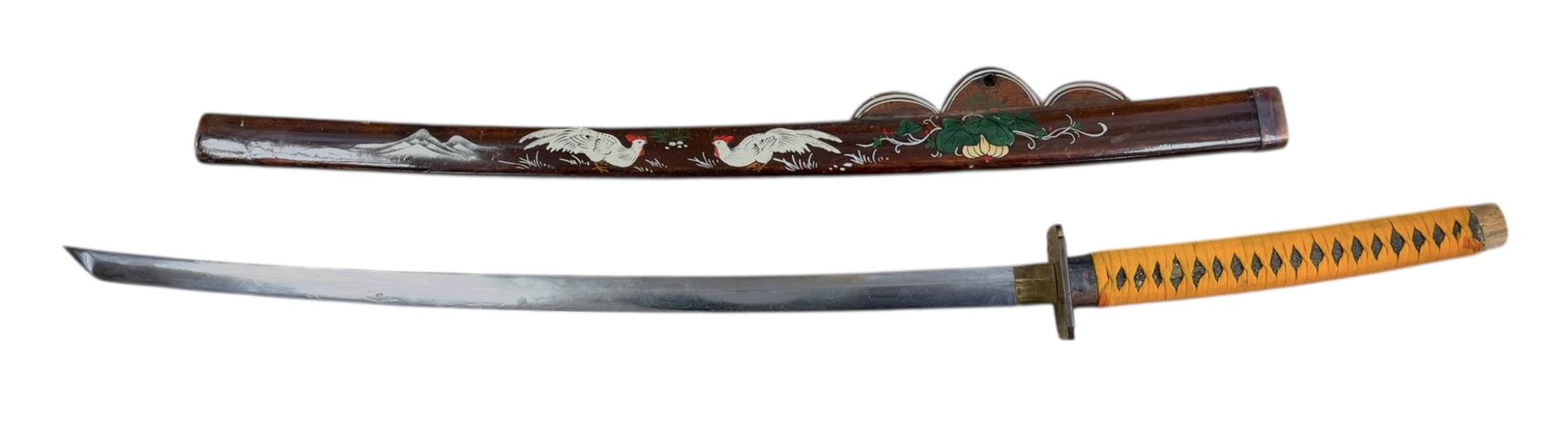 Japanese Katana, the tsuba decorated with flowers and birds, the scabbard with enamel decoration, blade L73cm, overall L105cm