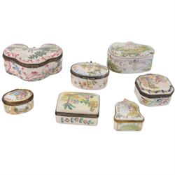 Seven19th century and later porcelain and faience boxes, of various form and decoration, to include Continental examples