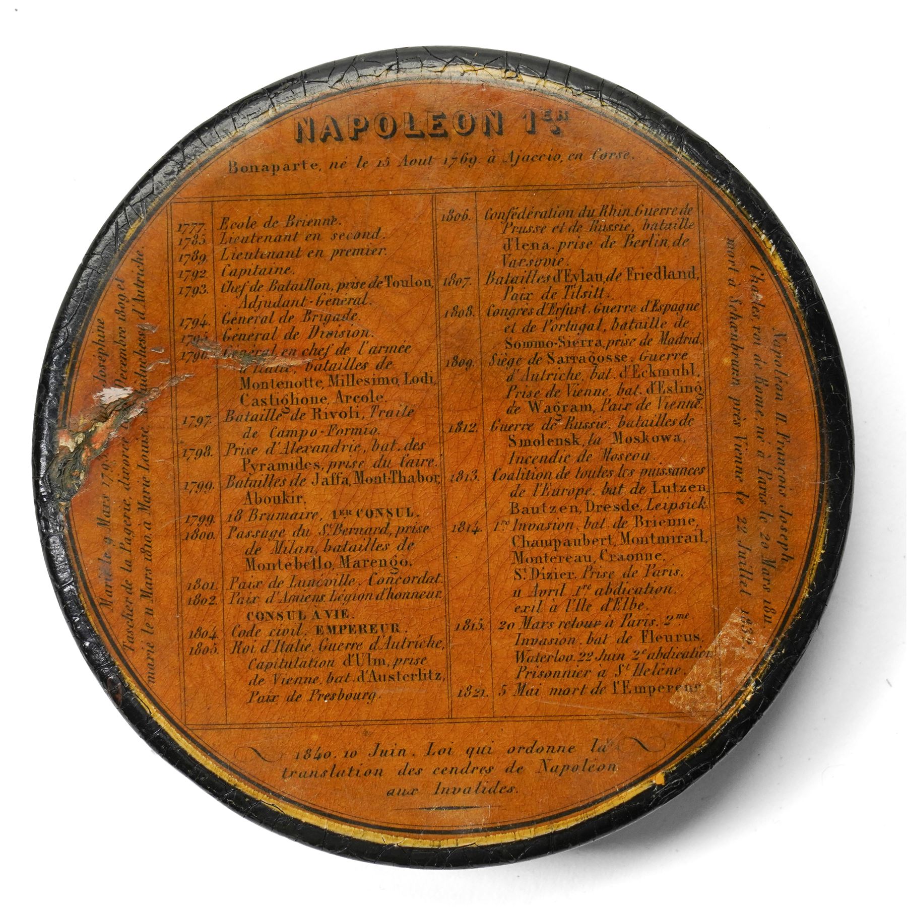 19th century papier mache snuff box, the cover with a papal figure, possibly Pope Pius, a French circular snuff box decorated with details of the life of Napoleon Bonaparte, pinchbeck seal, agate desk seal and various others