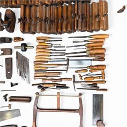 Collection of planes and woodworking tools including wood planes, chisels, hammers etc along with three books (Antique Woodworking Tools, Timber Preservation and Woodworkers Pocket Book)