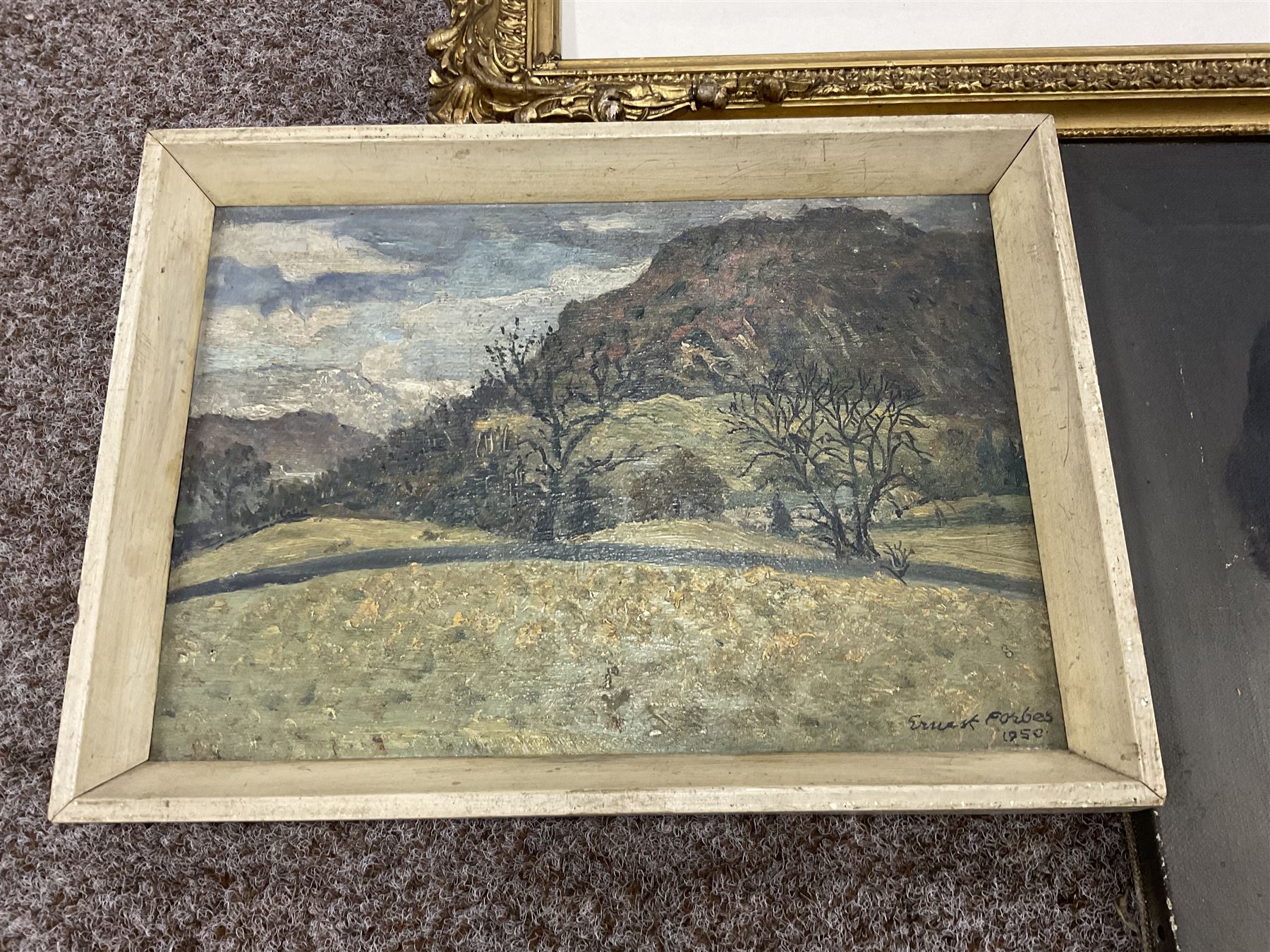 Watercolours and paintings, including Cecil Gracey street scene, Juliet Pannett pencil, portrait oil, coastal watercolour in quality gilt frame, William Ashton herding cattle watercolour, Ernest Forbes oil, etc