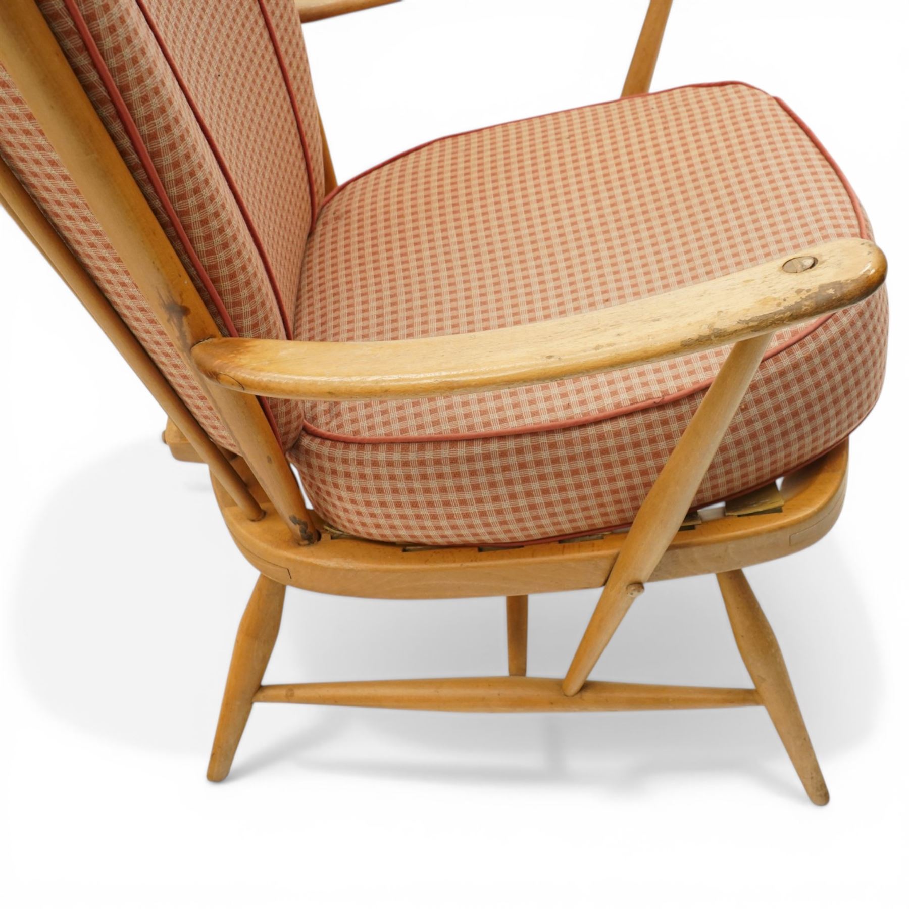 Ercol - Model 478 evergreen light elm and beech armchair, hoop back design curved arms, two crimson checked loose cushions, raised on tapering legs with H-stretcher