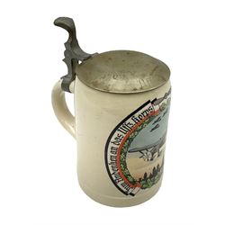 German presentation beer stein, printed with a study of a bi-plane, hinged cover engraved UFFZ Jacob, H16cm