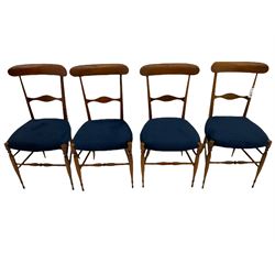 Campanino Chiavari by Fratelli Levaggi - circa. 1950s set eight walnut dining chairs, seats upholstered in blue fabric, 