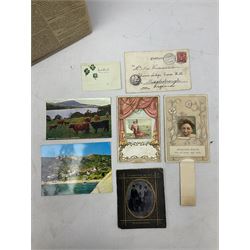 Very fine and important collection of over one thousand postcards, predominantly Victorian and Edwardian from 1899-1909, compiled by Nellie Winterschladen, including large quantity of early continental Gruss Aus, chromolithograph and undivided backs, mechanical and envelope type, hold-to-the-light, anthropomorphic, real photographic and printed topographical, advertising, early Christmas and other greeting cards, glamour, actors and actresses including collection of Marie Studholme, European Royalty and aristocracy, ethnic, military, wooden and other novelty cards, comic by Lance Thackeray, Phil May etc; various sizes from double panoramic to bookmark, midget and 'Queens' etc; in single contemporary album
