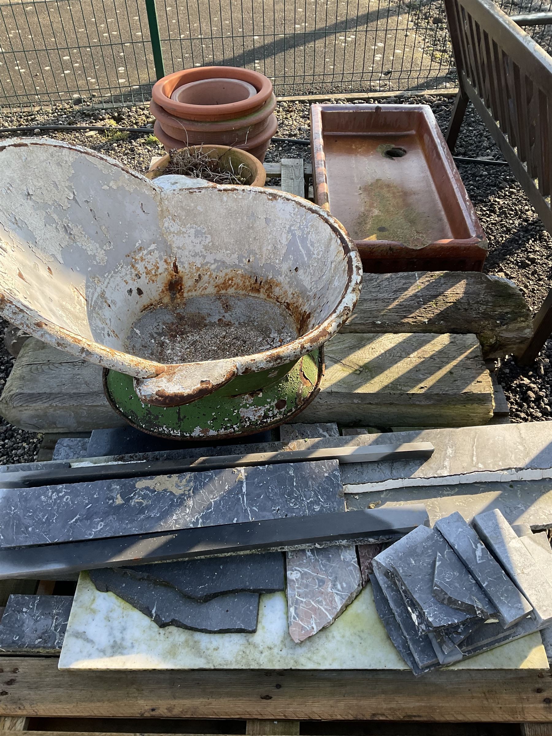 Painted Tin bath, wooden posts, marble fire surround pieces, planters and shallow glazed rectangular sink - THIS LOT IS TO BE COLLECTED BY APPOINTMENT FROM DUGGLEBY STORAGE, GREAT HILL, EASTFIELD, SCARBOROUGH, YO11 3TX