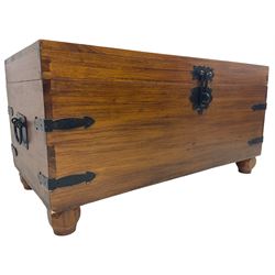 Hardwood and metal bound blanket chest, fitted with metal latch and strapping, carrying handles to each side 