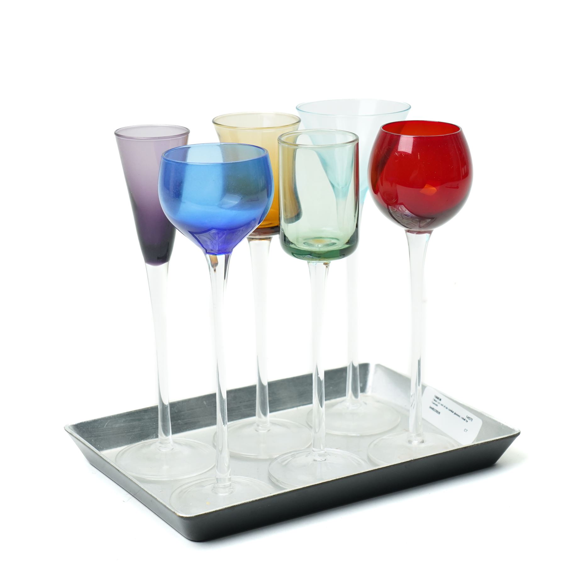   Six cordial glasses each with a different coloured bowl on slender stems understood to be retailed by Harrods on a small lacquered tray