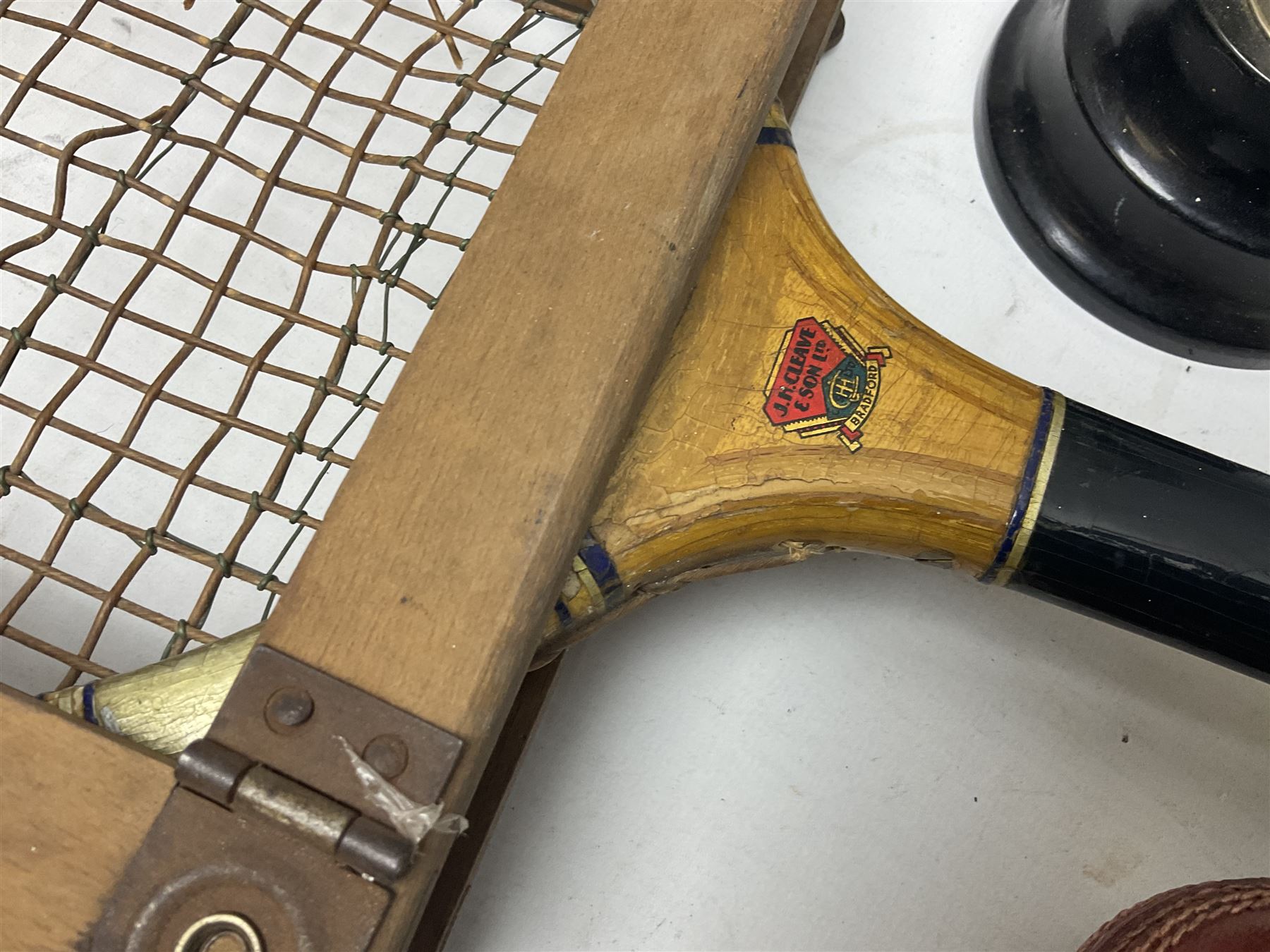 Walking cane, tennis racket, cricket ball (signed) and knight novelty cigarette lighter 