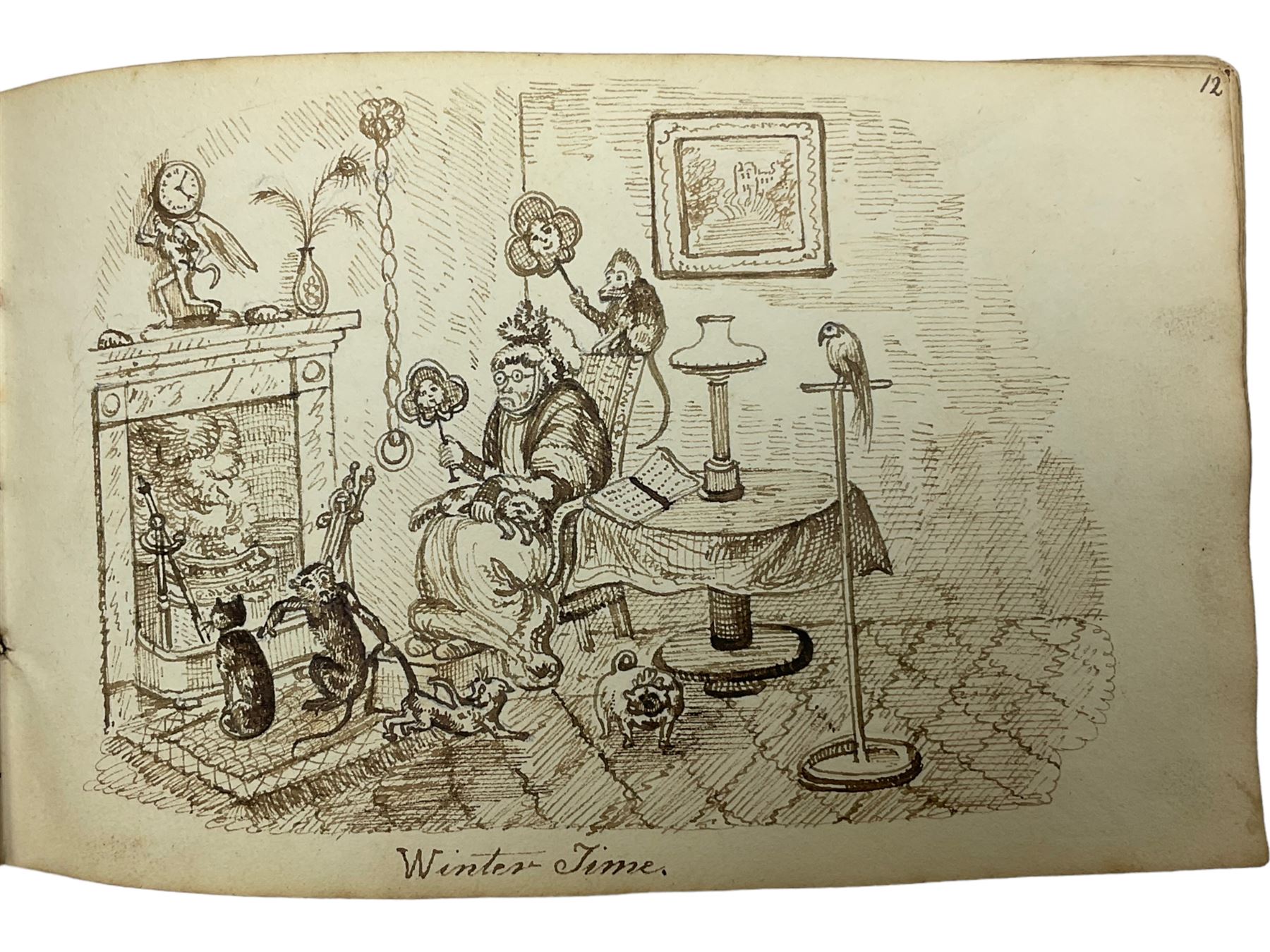George Cruikshank (British 1792-1878): 'Illustrations of Time', original sketchbook containing eighteen preliminary pen and ink  sketches for the folio pub. 1827, signed in the title page with inscriptions for each sketch 12cm x 19cm
