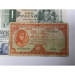 Irish and Scottish banknotes to include Bank of Ireland 5 January 1939 ‘B15’ one pound, two Bank of Scotland 1964 ‘AD07’ and ‘AF05’ one pound notes, one 1966 ‘CQ77’ one pound, and further notes from Clydesdale Bank, National Commercial Bank of Scotland Ltd. etc, housed in plastic sleeves