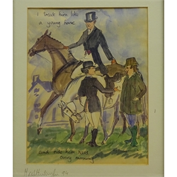 After Mark Huskinson (British 1935-2018): 'The Vet's Inspection', 'I Treat Him Like a Young Horse', 'To Touch Those Celestial Tones' and 'Full Fruity Just Right..', four humorous colour prints, each signed in the mount, three dated '94, max 30cm x 25cm including mount (4)  