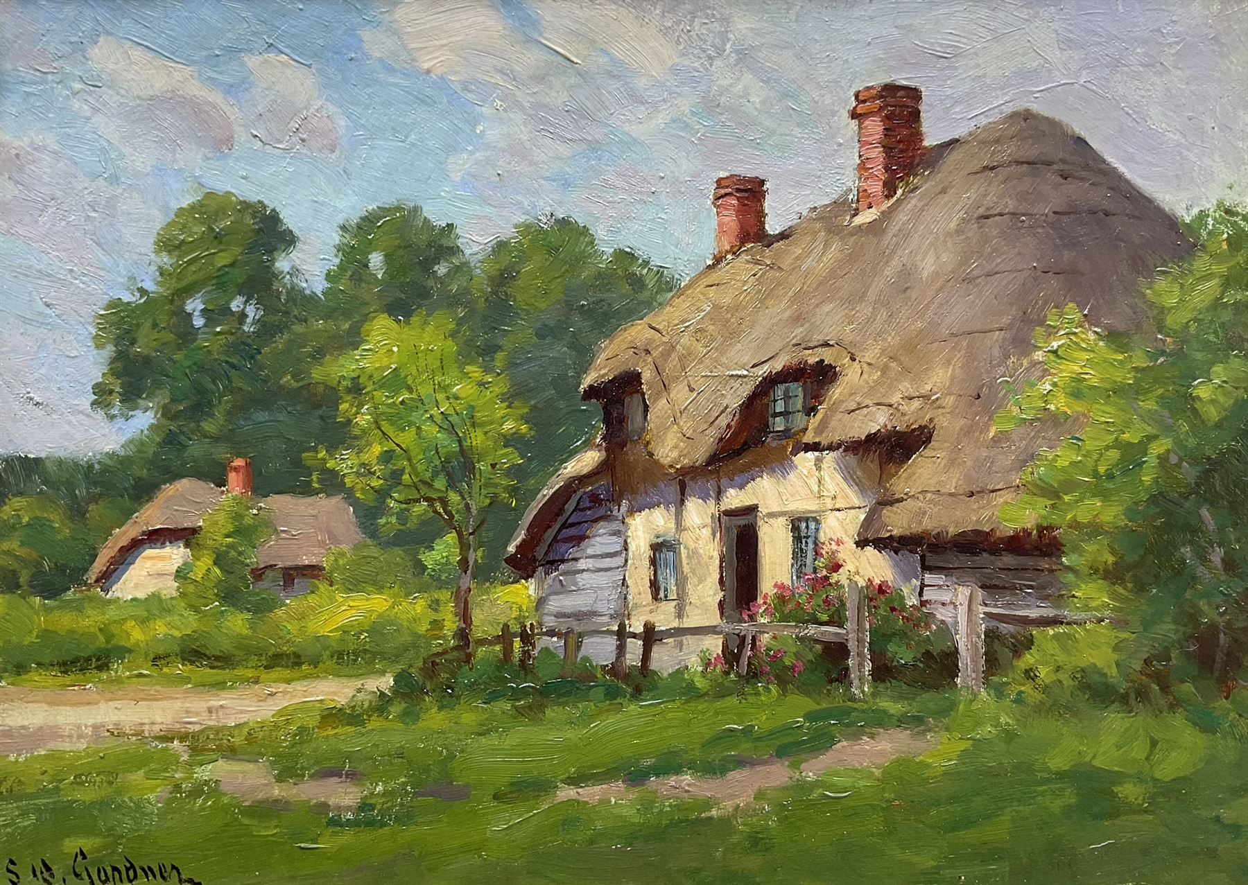 Sidney Valentine Gardner (Staithes Group 1869-1957): The Thatched Cottage, oil on canvas laid on to board signed 24cm x 34cm