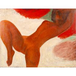Tony Bartl (Czech 1912-1998): Female Nude in Red, oil on canvas signed and dated '74, 52cm...