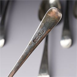 Set of six George III silver dessert spoons with bright cut stems and engraved with a crest London 1783 Maker Hester Bateman