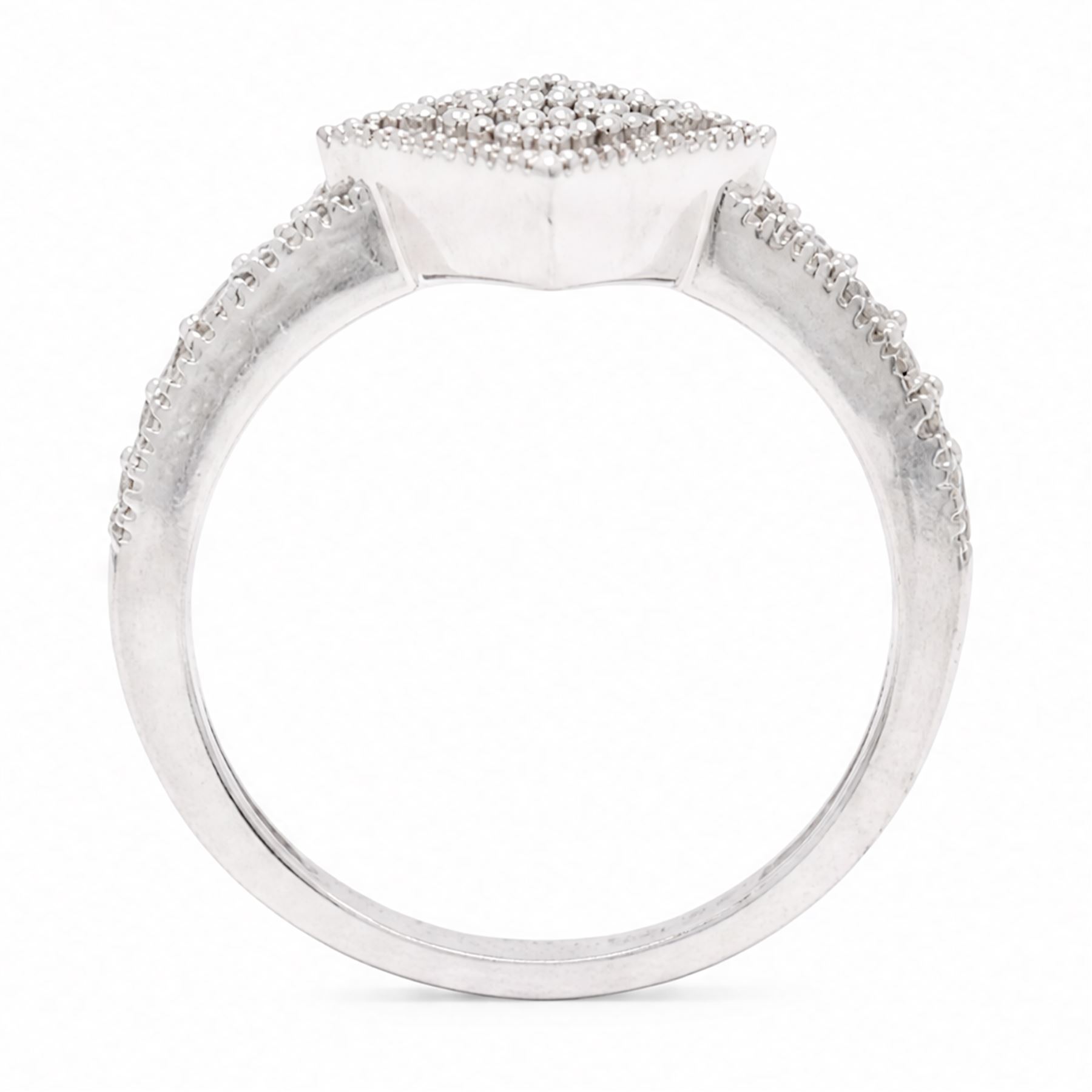 9ct white gold diamond shaped diamond ring, pave set with nine round cut diamonds, with diamond set shoulders, Birmingham 2006