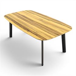 Contemporary zebrawood effect coffee table, rounded rectangular top raised on a gloss black metal frame