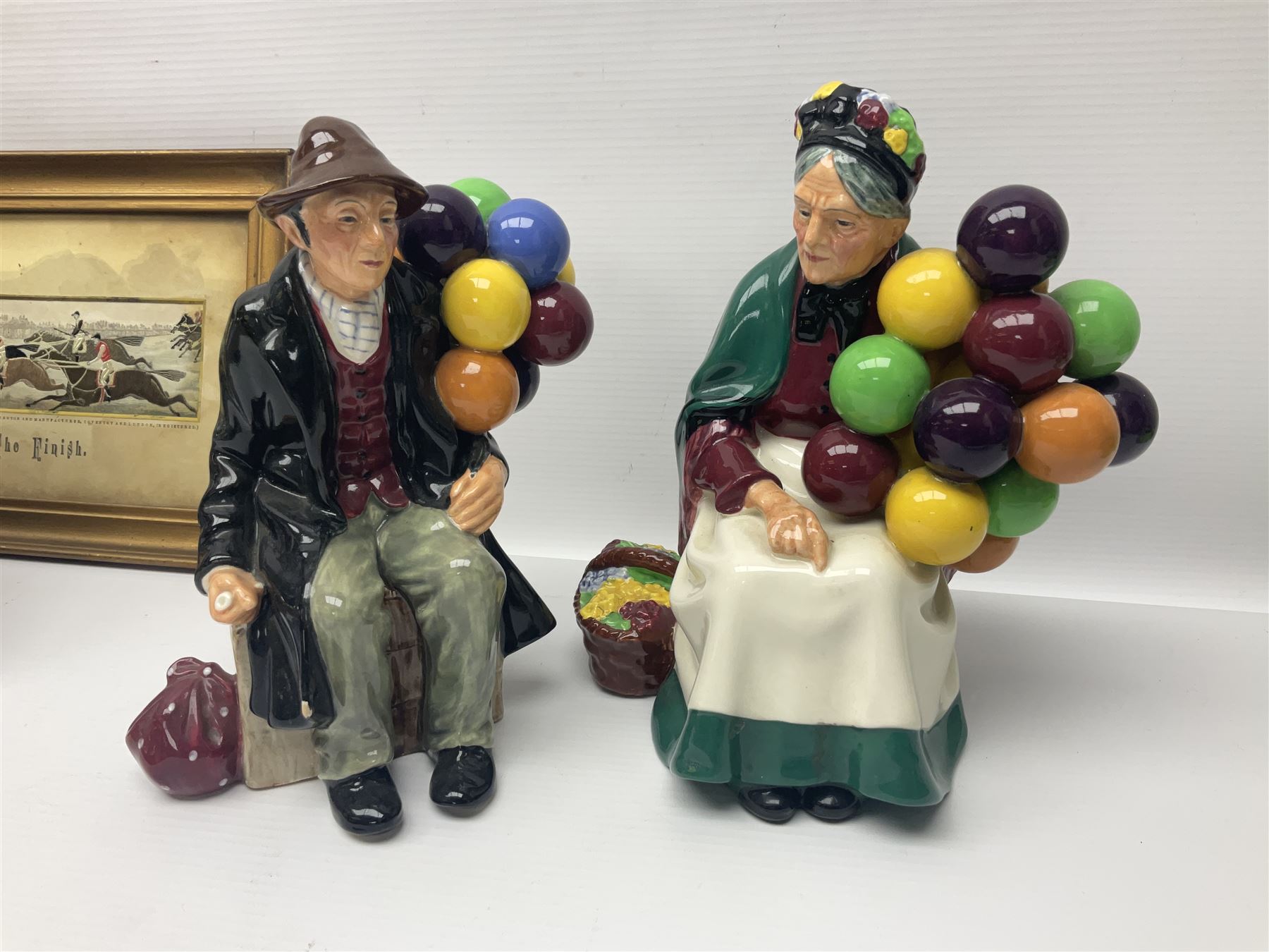 Four Royal Doulton figures, to include The Broken Lance HN 2041, The Old Balloon Seller HN 1315, The Balloon Man HN 11954 and Little Boy Blue HN 2043, together with a Coalport Ladies of Fashion figure Regina and three framed hunting silk needle works