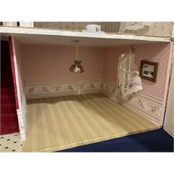 Modern scratch-built Palladian style wooden dolls  house as a 19th century double fronted two-storey property with simulated brick and stone walls under a removable simulated slate hipped roof; the triple hinged front elevation opening to reveal six rooms with central hall, stairs and landing L94cm H56cm D40cm