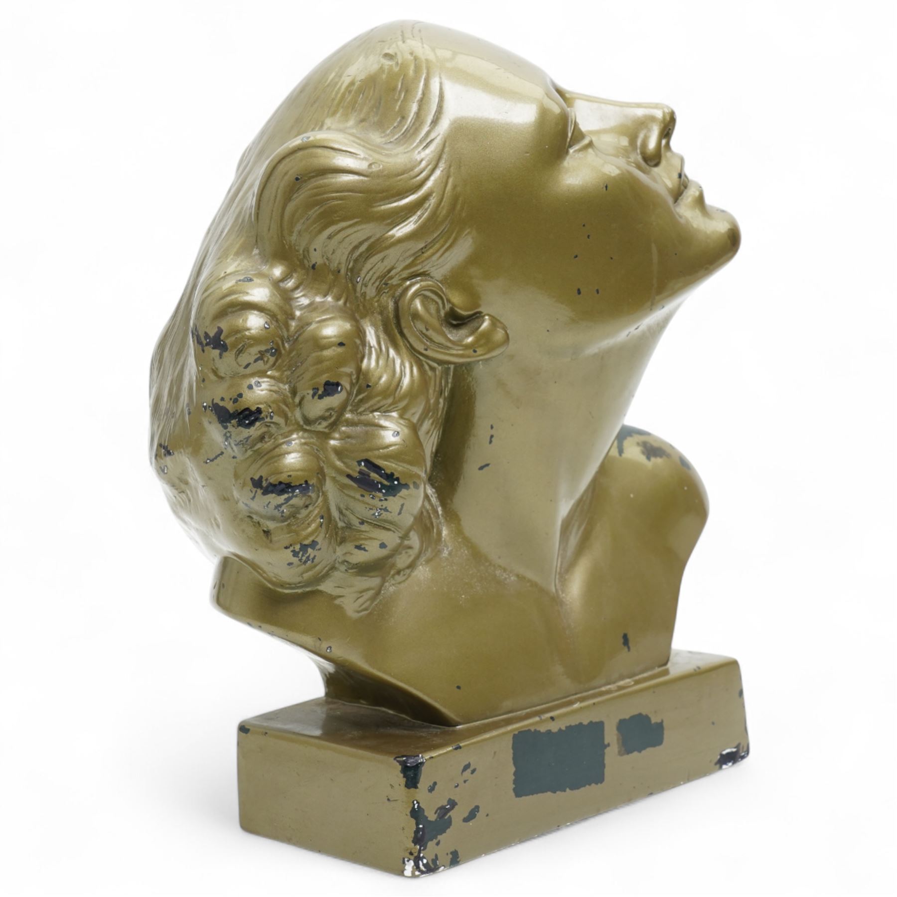 After Decouse - Art Deco bust of a woman facing upwards, marked 'SAP Depose' to plinth H40cm