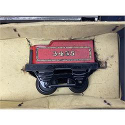 Hornby '0' gauge - 1950s M1 Goods Set box containing clockwork 0-4-0 steam locomotive and matching tender No.3435 with brake, forward and reverse lever and key, together with two 4-wheel LMS open goods wagons and oval of curved and straight tin-plate track and connectors; boxed with illustrated lid