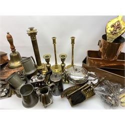 A group of assorted metalwares, to include a brass Corinthian column, H39cm, two pairs of brass candlesticks, two rectangular copper platers, bed warming pans, silver plated tea wares, pestle and mortars, assorted silver plated flatware, etc. 