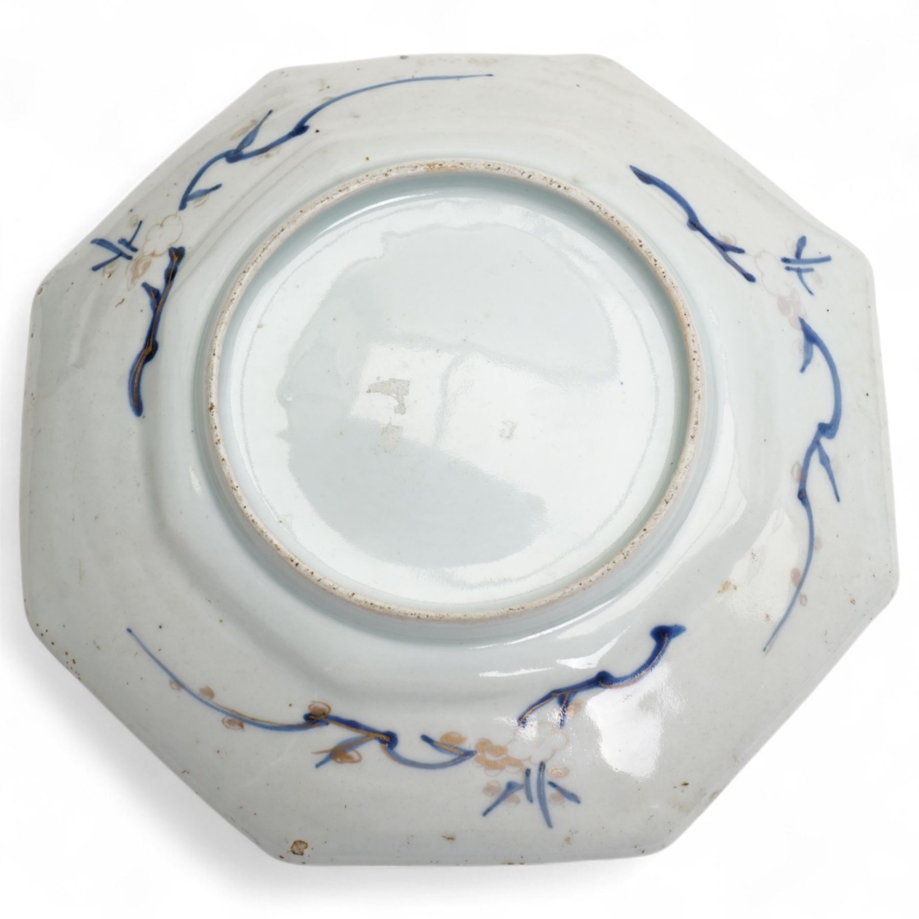 Japanese Edo period hexagonal dish with gilt decoration, Japanese porcelain to include a Seto blue and white dish, of square lobed form, four character mark to base, W18cm, Meiji Fukagawa Koransha imari circular dish on three ball feet, orchid mark to base D23cm, together with a matched pair of 19th century blue and white saucers, D16.5cm (4)