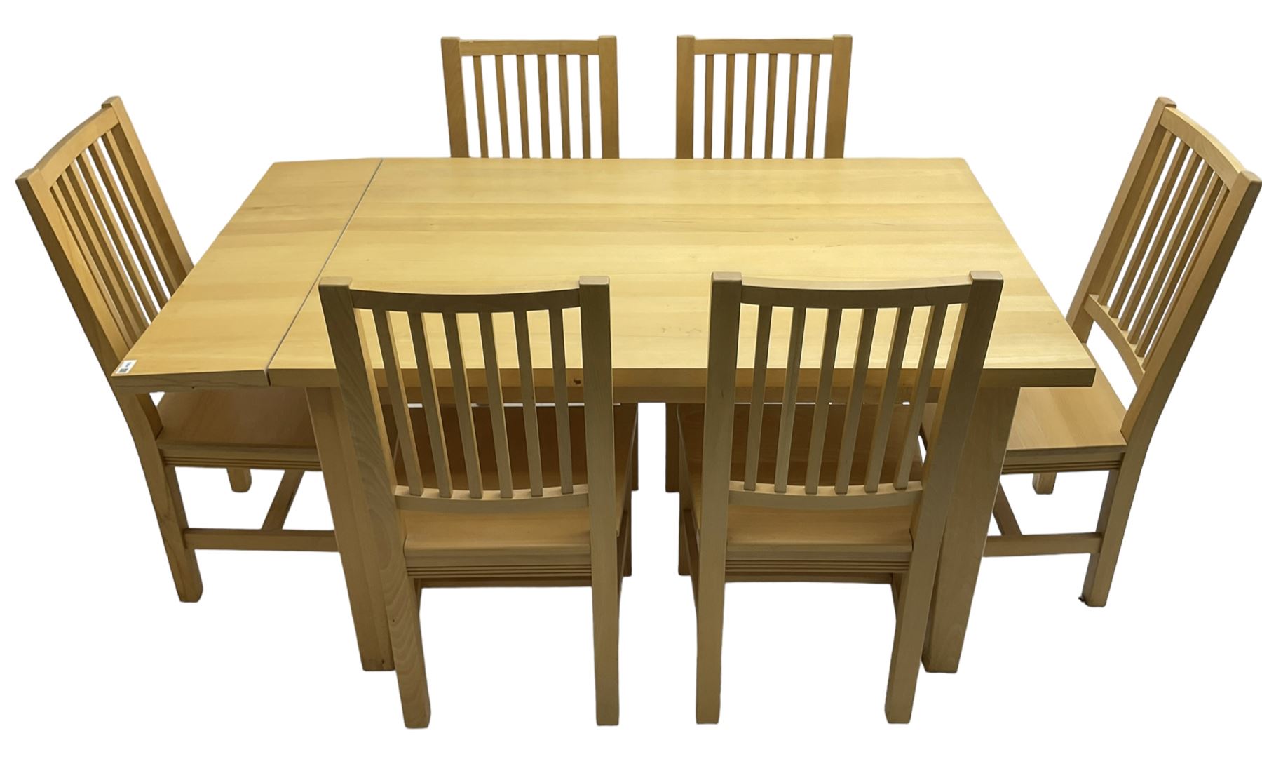 Solid beech rectangular dining table (89cm x 135cm - 160cm, H77cm); together with a set of five beech dining chairs