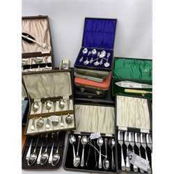  A large selection of cased mostly silver plated flatware, to include Walker and Hall servers with ivory handles and foliate engraved blade and prongs, a number of sets of teaspoons, butter knives, pastry forks, dessert spoons, etc.    