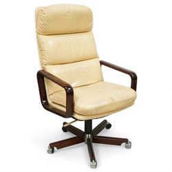 Dyrlund - contemporary pair of armchairs with solid Santos rosewood frame, rounded edges and broad armrests, seat and backrest with a removable cream leather over-stuffed cushions, together with a classic Dyrlund office chair with teak swivel base and cream leather upholstery, 62x44x109cm, (3)


Note: Dyrlund is a Danish furniture manufacturer known for its high-quality, handcrafted pieces, particularly in the mid-century modern style. Founded in 1960 by Frits Hjerte Dyrlund in Rude, Denmark, the company has remained a family business, now run by the second and third generations. Dyrlund specializes in both home and executive office furniture, focusing on practicality, solid construction, and classic design. 
