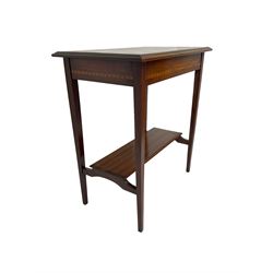Early to mid-20th century inlaid mahogany occasional table, moulded rectangular top inlaid with satinwood and dotted banding, on square tapering supports joined by undertier