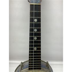 John Grey & Sons banjolele with unusual all over mottled blue and silver textured finish L57cm; in carrying case