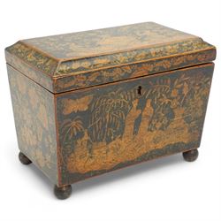 Regency period penwork double tea caddy, of sarcophagus form, each side with Chinoiserie a...