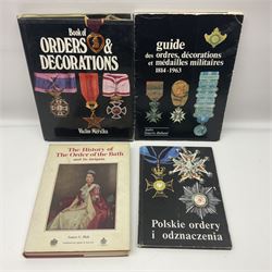 Five reference books on medals and orders including Vaclav Mericka: Book of Orders and Decorations; Polskie ordery i odznaczenia; James C. Risk: The History of the Order of the Bath; Guide des ordres, decorations et medailles militaires 1814-1963; etc; together with two works on Cornish Military Insignia; and Insignes De la Legion Etrangere (8)