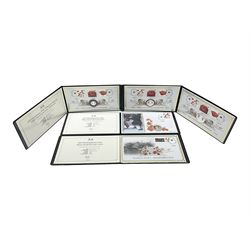 Three Queen Elizabeth II silver proof coin covers, comprising 2020 'Centenary of the Unknown Warrior' with Tristan Da Cunha one pound, two pounds and five pounds, 2021 'Remembrance Day' with Alderney five pounds and 2022 'Remembrance Day' with Alderney five pounds, all in Harrington and Byrne folders