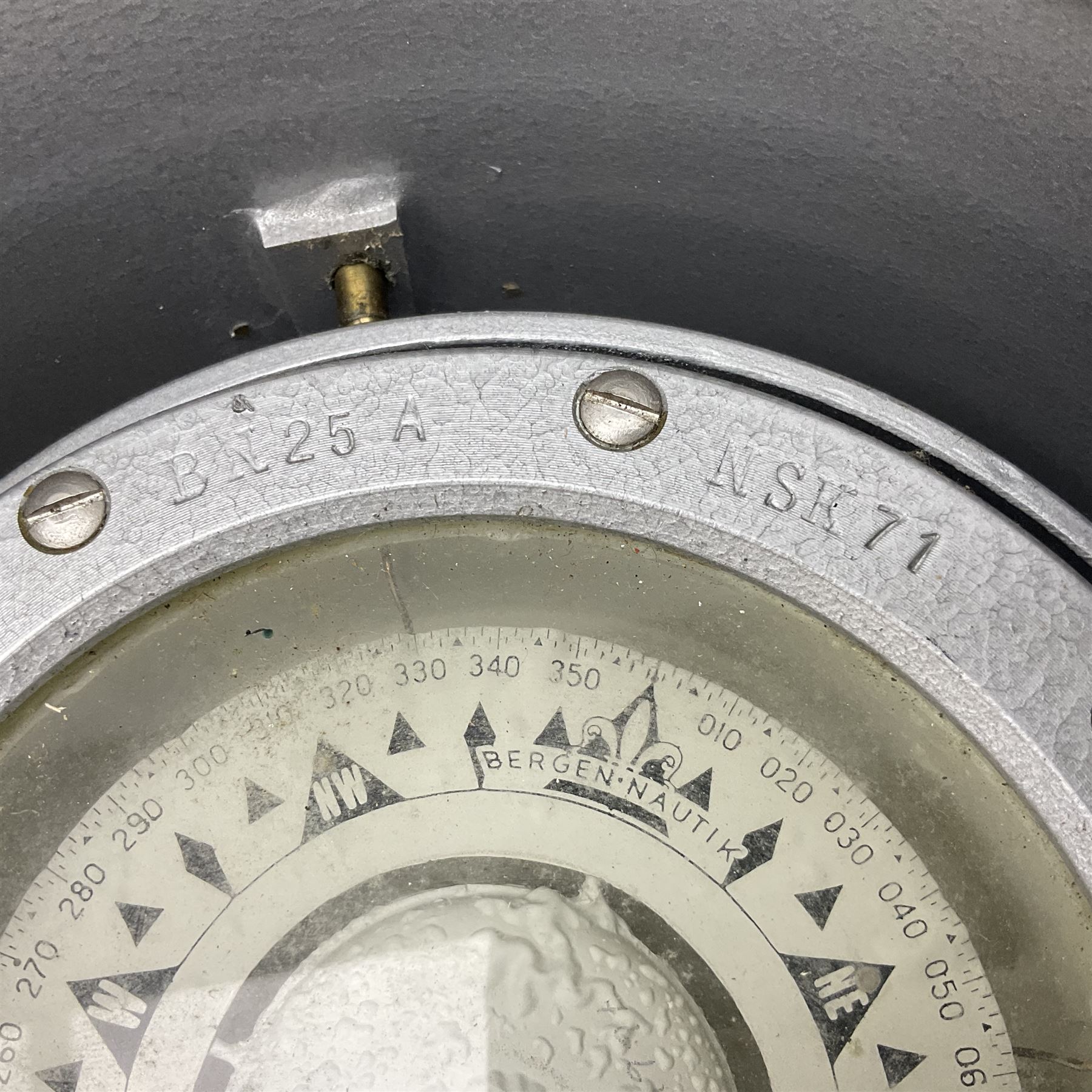 Ship's lifeboat gimble compass in binnacle, with plaque 'Bergen Nautik Instrumentfabrikk ..... Norway. Type BN25COL No.770559' 