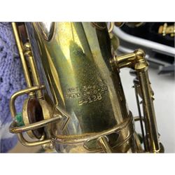 Lacquered brass 'King' alto saxophone inscribed Made by the H.N. White Co.' (Cleveland Ohio) with crook, serial no.84128; also stamped No.1 549 911 and Pat D 8-18-25; in fitted carrying case 