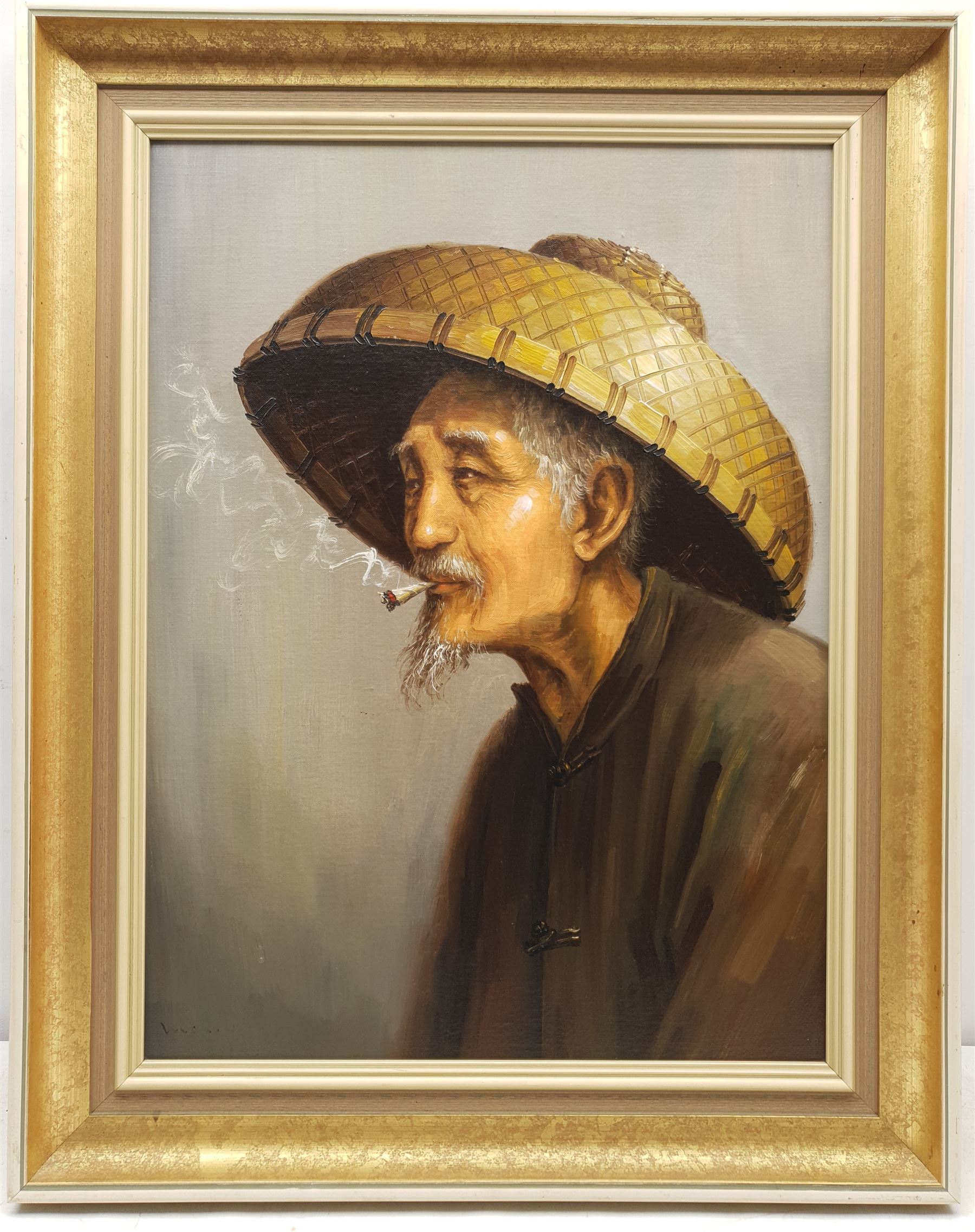 Oriental School (20th century): Portrait of a Chinese Man Smoking, oil on board indistinctly signed 59cm x 44cm