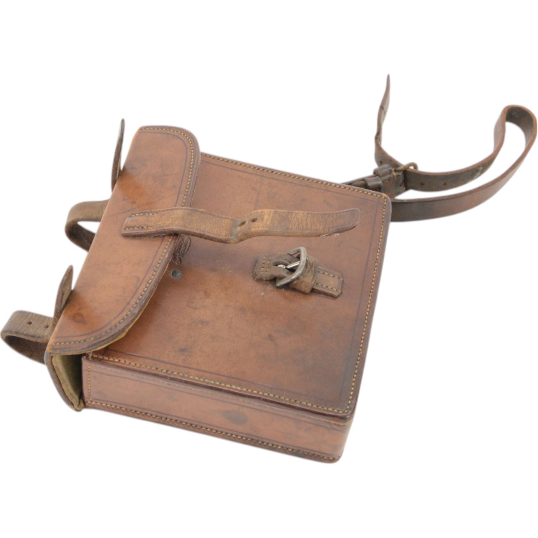 Hunting silver mounted spirit flask, hallmarked and silver plated sandwich tin enclosed within a leather case, stamped Vickery, Regent, H14cm 