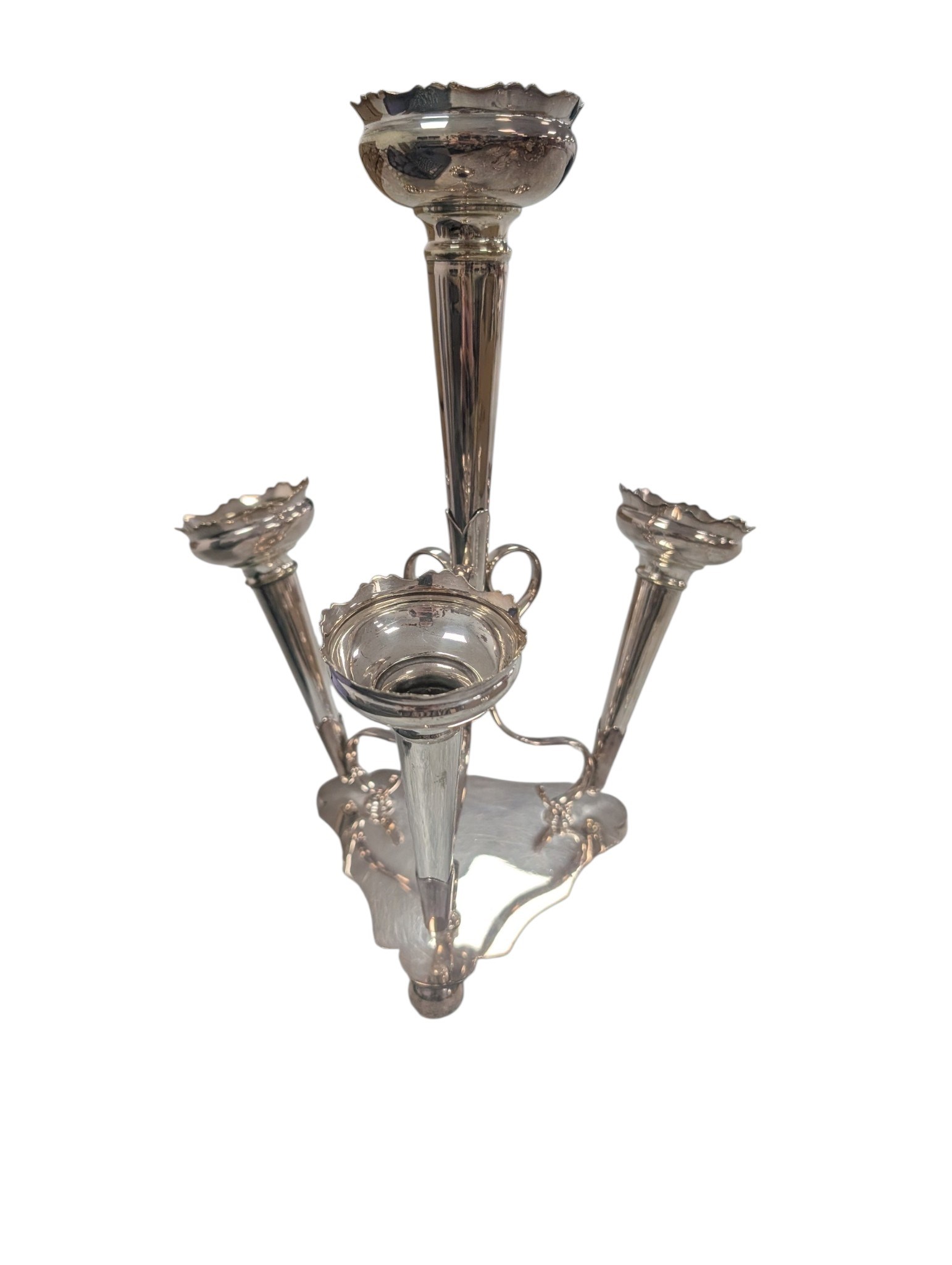 Small collection of silver comprising trophy, fruit knife, spoon, sugar tongs and silver handled hook and shoe horn, together with a silverplated epergne and other metalware