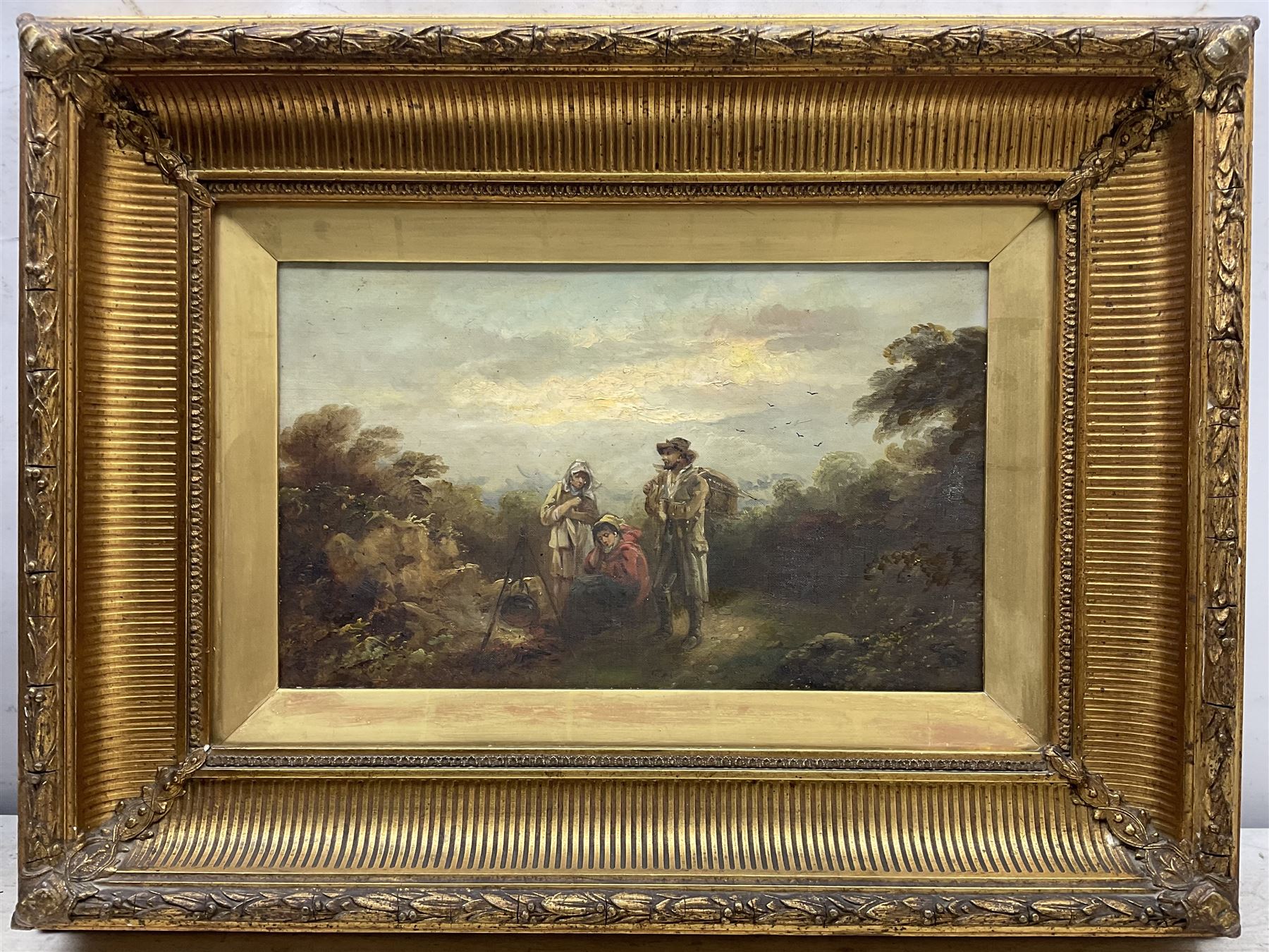 Attrib. Edgar Barclay (British 1842-1913): Wayside Camp, pair oils on canvas, one signed 'Barclay' 24cm x 40cm (2)