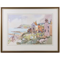 Angus Bernard Rands (British 1922-1985): Robin Hood's Bay and Country Scenes, three watercolours (one unframed painted recto and verso) signed, 34cm x 50cm