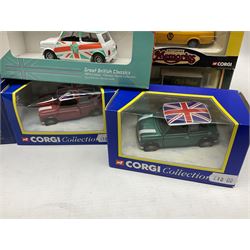 Twenty-five modern die-cast models, predominantly by Corgi, including promotional models for Royal Mail, Cadburys, TV/Film related, Mini cars with limited edition 40th Anniversary gilt model etc; all boxed (25)